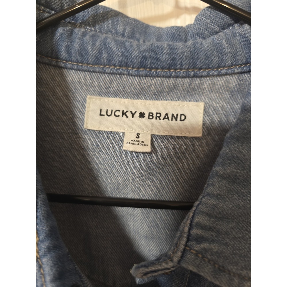 LUCKY BRAND Denim Western Shirt Pearl Snap Raw Hem Sawtooth Style Indigo Blue S - Picture 3 of 10
